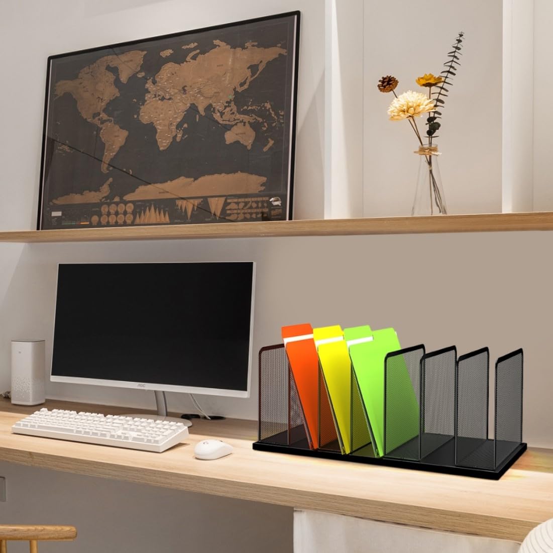 Kuntine.B Desk File Organizer Upright Mesh Desktop Organizer File Sorter Office Organization File Holder for Home, Office & Classroom (Black, 2 Pack 7-Section)