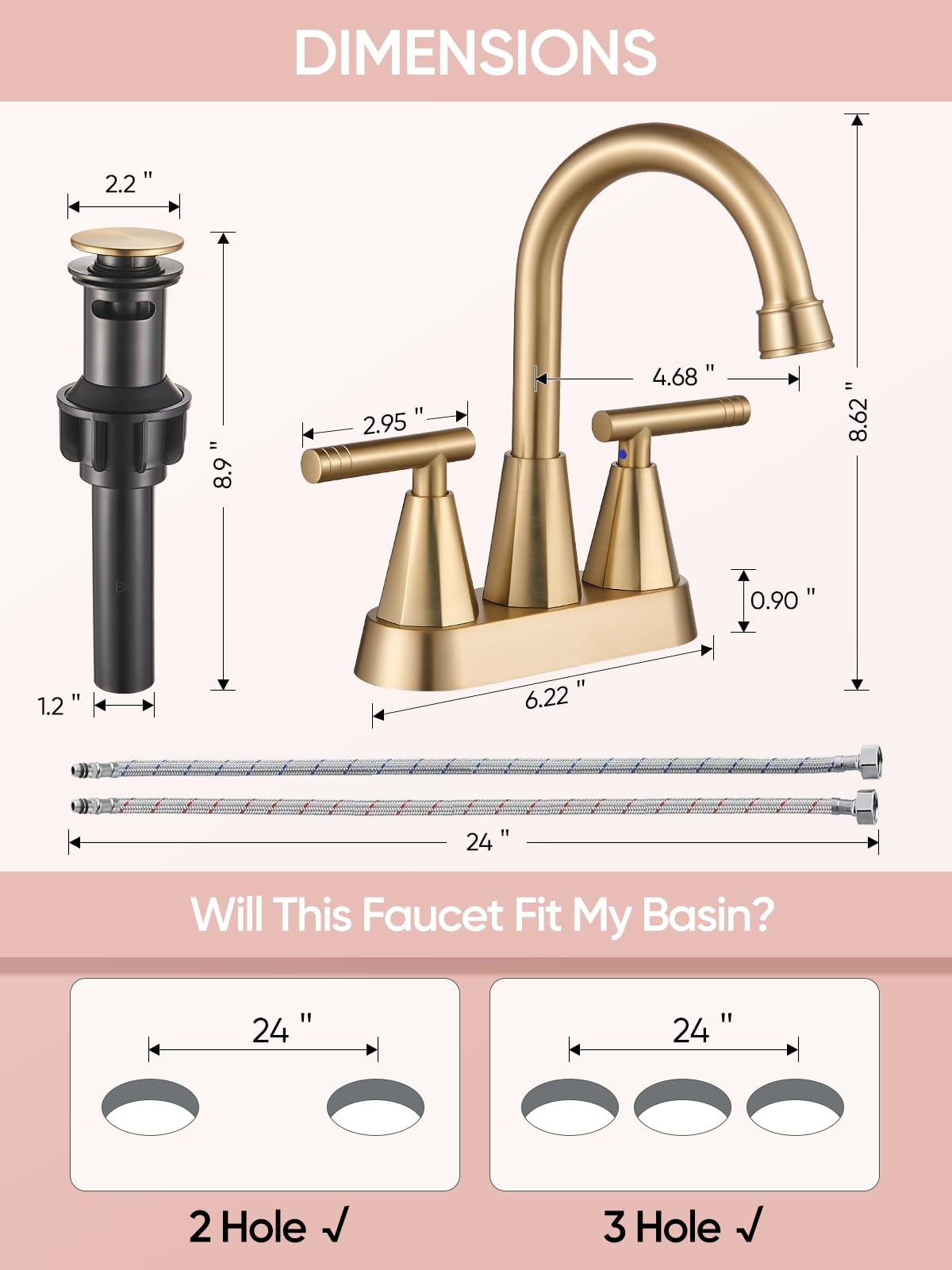 Cobbe Brushed Gold Bathroom Faucets, 4-Inch Bathroom Sink Faucet, 2 Handle Sink Faucet with Pop Up Drain and Water Supply Lines, Gold
