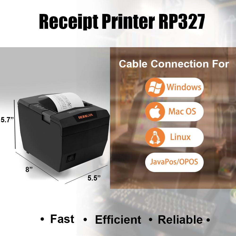 Rongta POS Receipt Printer, 80mm Thermal Printer with USB/Serial/Ethernet and Auto Cutter for Kitchen and Retail Use, Cash Drawer Support for Windows/Mac/Linux (RP327)