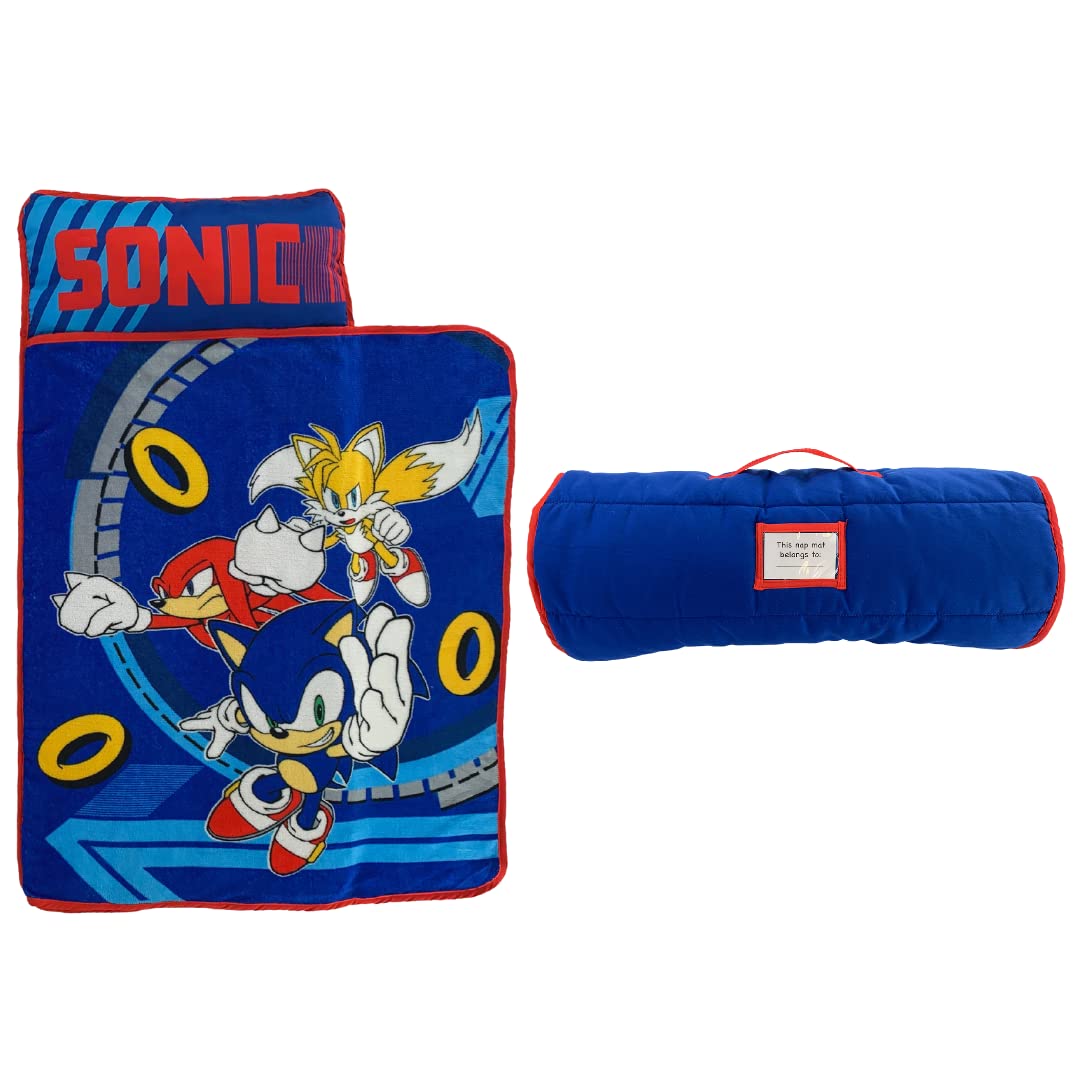 Sonic The Hedgehog 21"(W) X 45"(L) Soft Toddler Nap Mat with Pillow and Blanket Perfect for Preschool, Daycare, and Travel (100% Official Licensed Product)