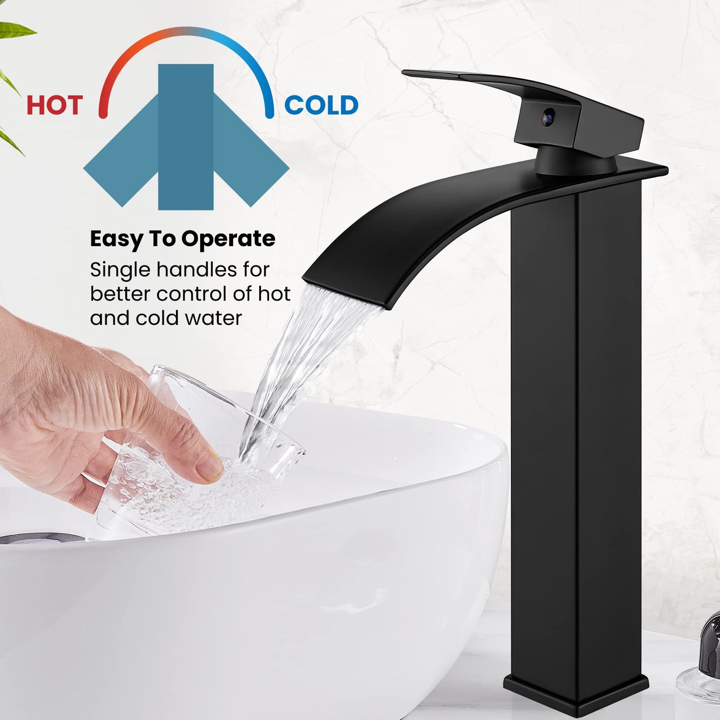 gotonovo Waterfall Tall Bathroom Faucet Single Handle Bathroom Faucets for Sink 1 Hole Stainless Steel Vessel Sink Faucet Modern Mixer Tap Wash Basin Faucet with Pop Up Drain, Matte Black