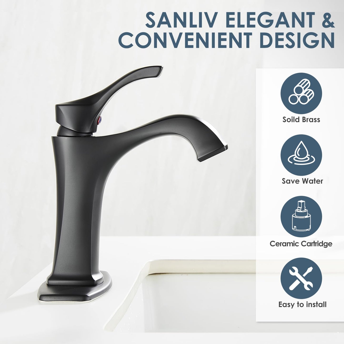 Matte Black Bathroom Faucet 1 Hole, Sanliv Single Handle Bathroom Sink Faucet, Modern Black Vanity Faucet with Deckplate & Pop-Up Drain for One or 3-Hole Farmhouse Sinks