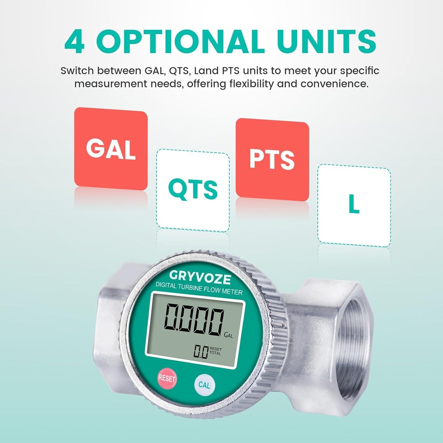 GRYVOZE Waterproof 2 Inch Water Flow Meter, 16–160 GPM Digital Turbine Flowmeter with NPT Thread, Measures Flow Rate and Total Gallons for Hot/Cold Water, Pool, Fuel, and Other High-Capacity Liquids