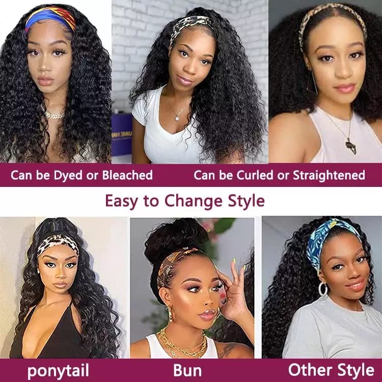 Lauberita Headband Wig Human Hair Wigs 14 Inch Wear and Go Glueless Wig Curly Deep Wave Headband Wig Natural Color