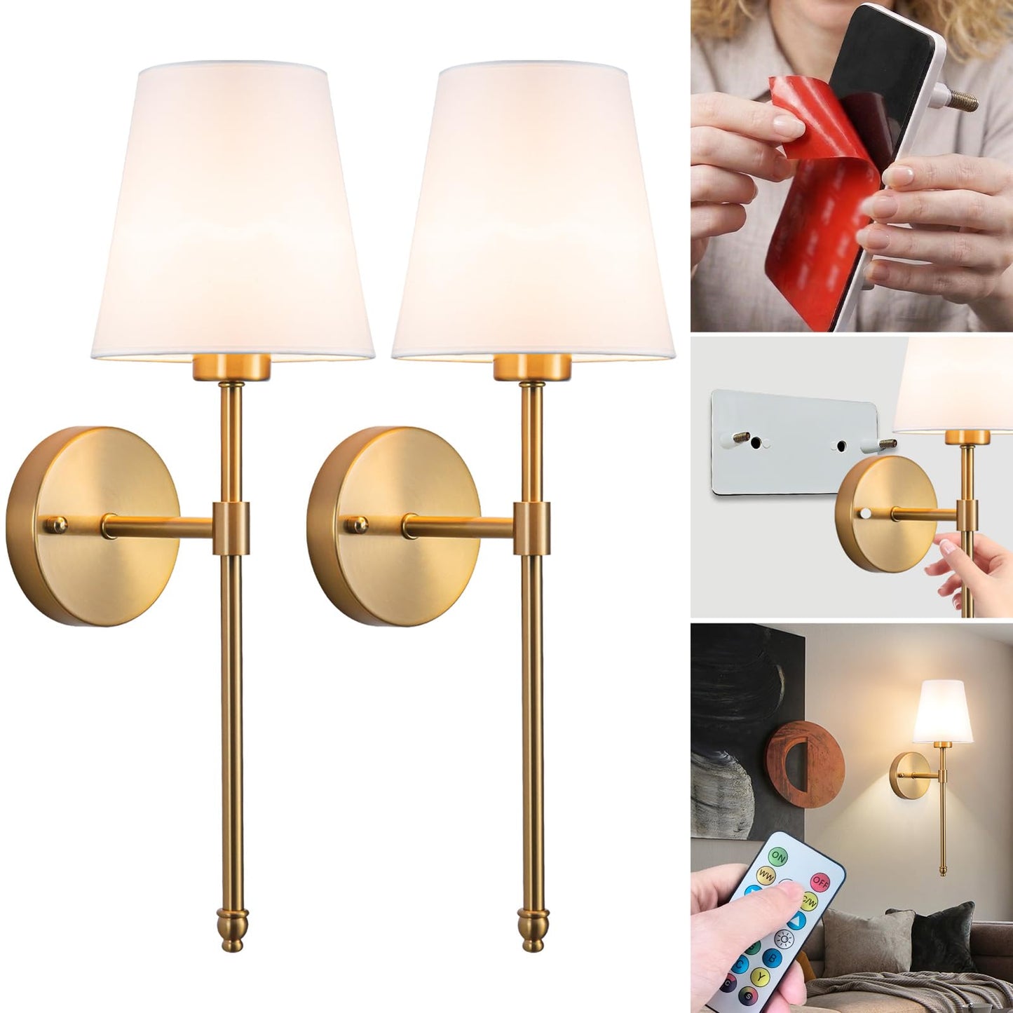 Vimhou Peel and Stick Wall Sconces, Stick On Wall Sconce Set of 2, Battery Operated Wireless Wall Light, No Drill Adhesive Wall Lamp, Corn Bulb with 10000mAh Rechargeable Battery, Bedroom Wall Decor