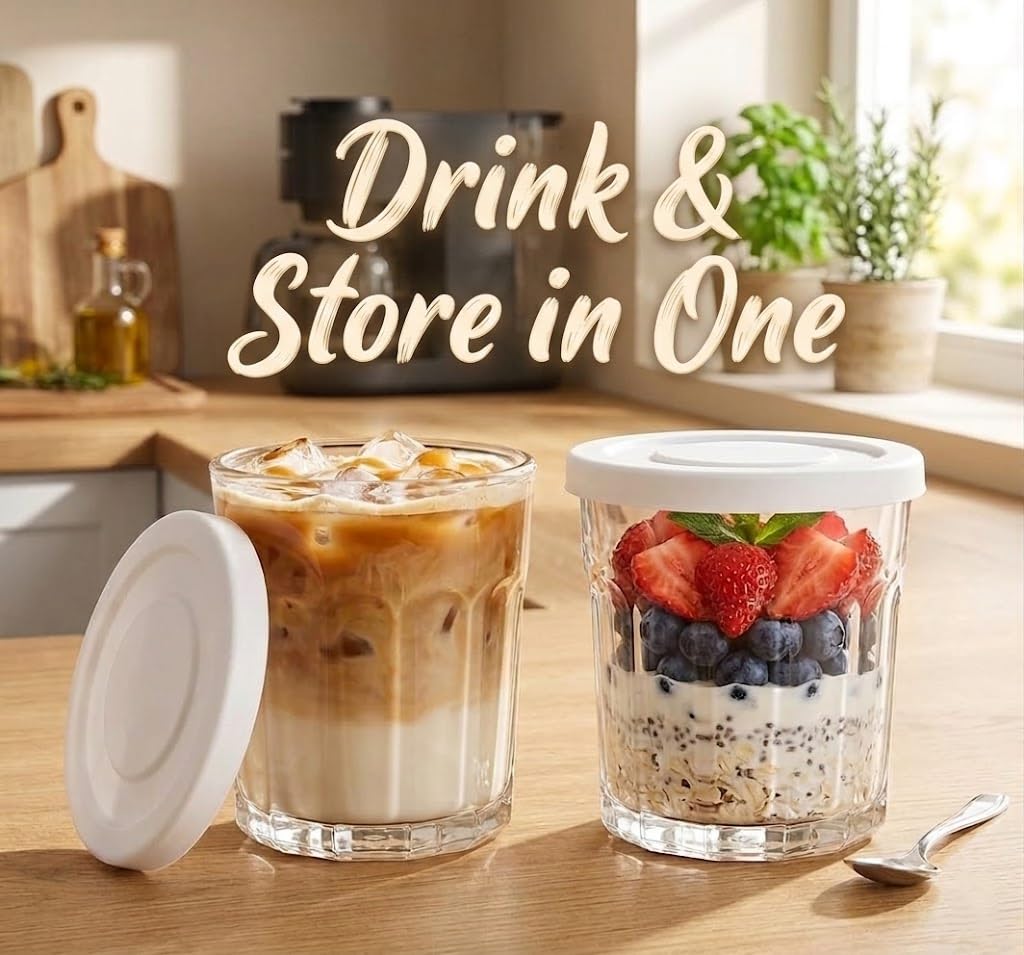 MedoouHait Working Glass Cups with Lids Set of 4,13.5oz Thick Drinking Glasses, Heavy Duty Glass Tumblers, Stackable Food Storage Jars,Clear Picardie Style Glassware