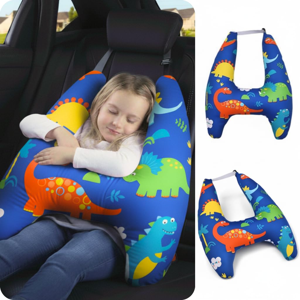 eaonitu Travel Pillow Car Cushion for Kids 6 Years Old+ Shoulder Neck Back Support & Seat Belt Comfort, Road Trip Cozy Sleeping Gift for Young Travelers, Parents, Families, Baby Shower (Dinosaur Blue)