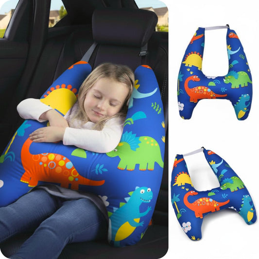 eaonitu Travel Pillow Car Cushion for Kids 6 Years Old+ Shoulder Neck Back Support & Seat Belt Comfort, Road Trip Cozy Sleeping Gift for Young Travelers, Parents, Families, Baby Shower (Dinosaur Blue)