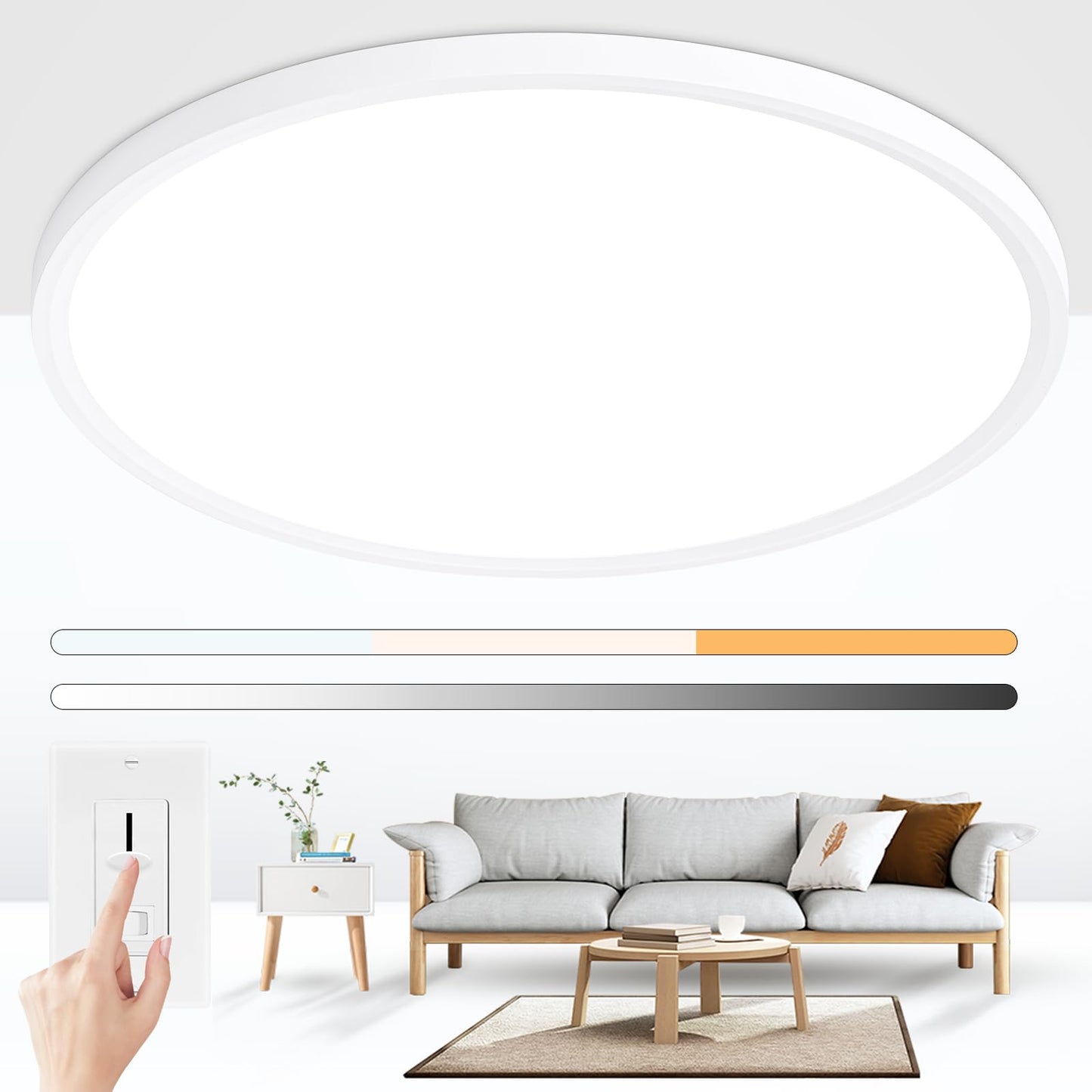 24'' Large Led Flush Mount Ceiling Light Fixture, Dimmable & 3000K/4500K/6000K Selectable, 48W, 4800LM, Modern, White, Ultra Thin, for Bedroom, Kitchen, Dining Room, Living Room, Home Office, Hallway