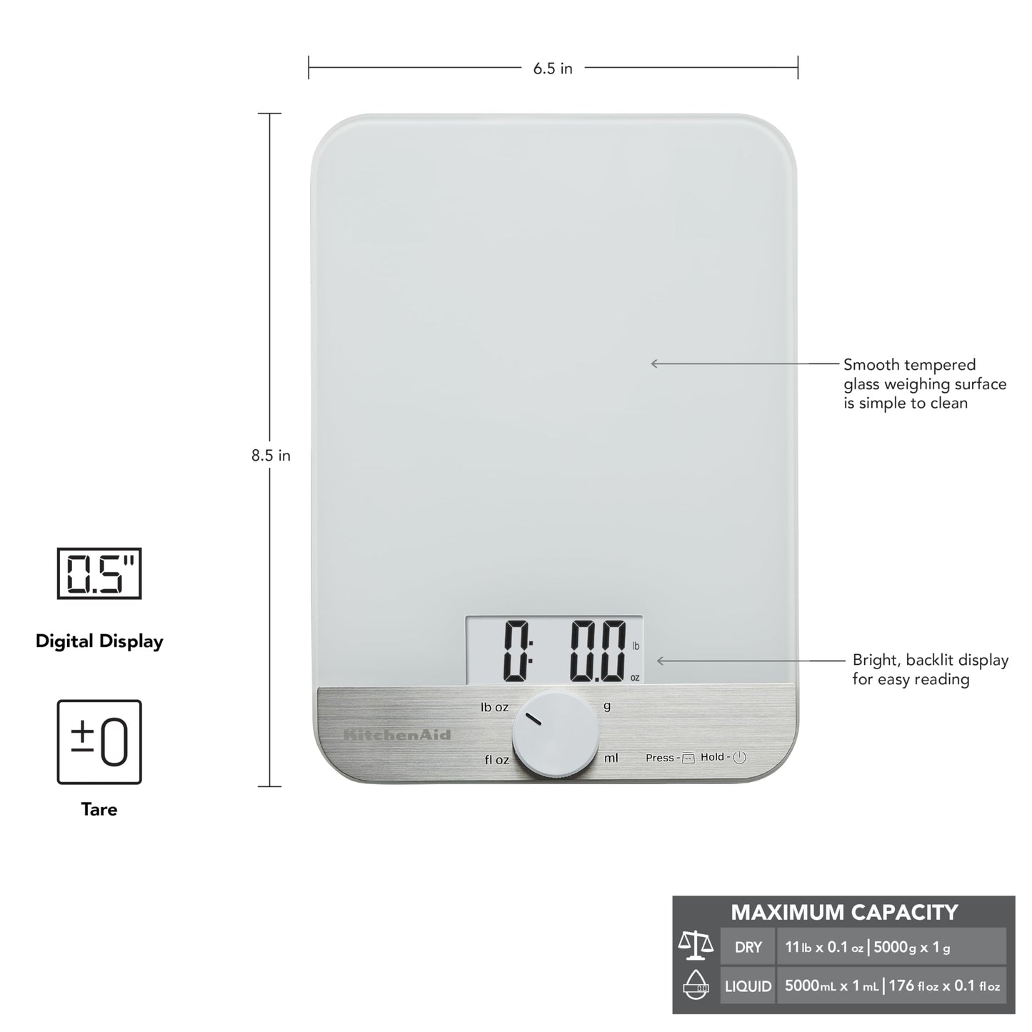 KitchenAid KQ908 Glass Surface 11 Pound Capacity Digital Kitchen and Food Scale, White