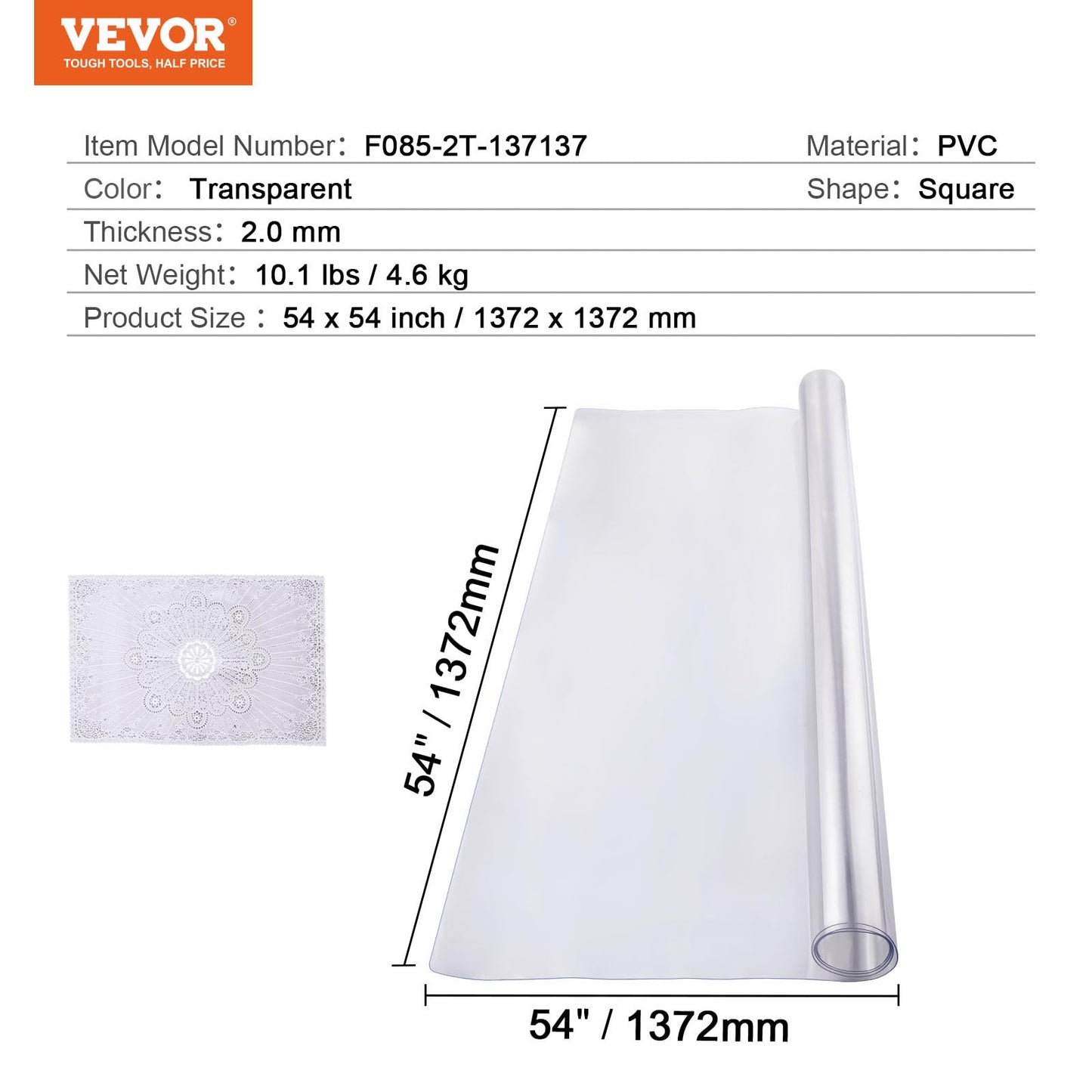 VEVOR Plastic Table Cover, 54 x 54 Inch 2.0 mm, Clear Square PVC Desk Mat Protector, Waterproof & Easy Cleaning Pad Tablecloth, for Office, Dresser, Dining Room, Night Stand