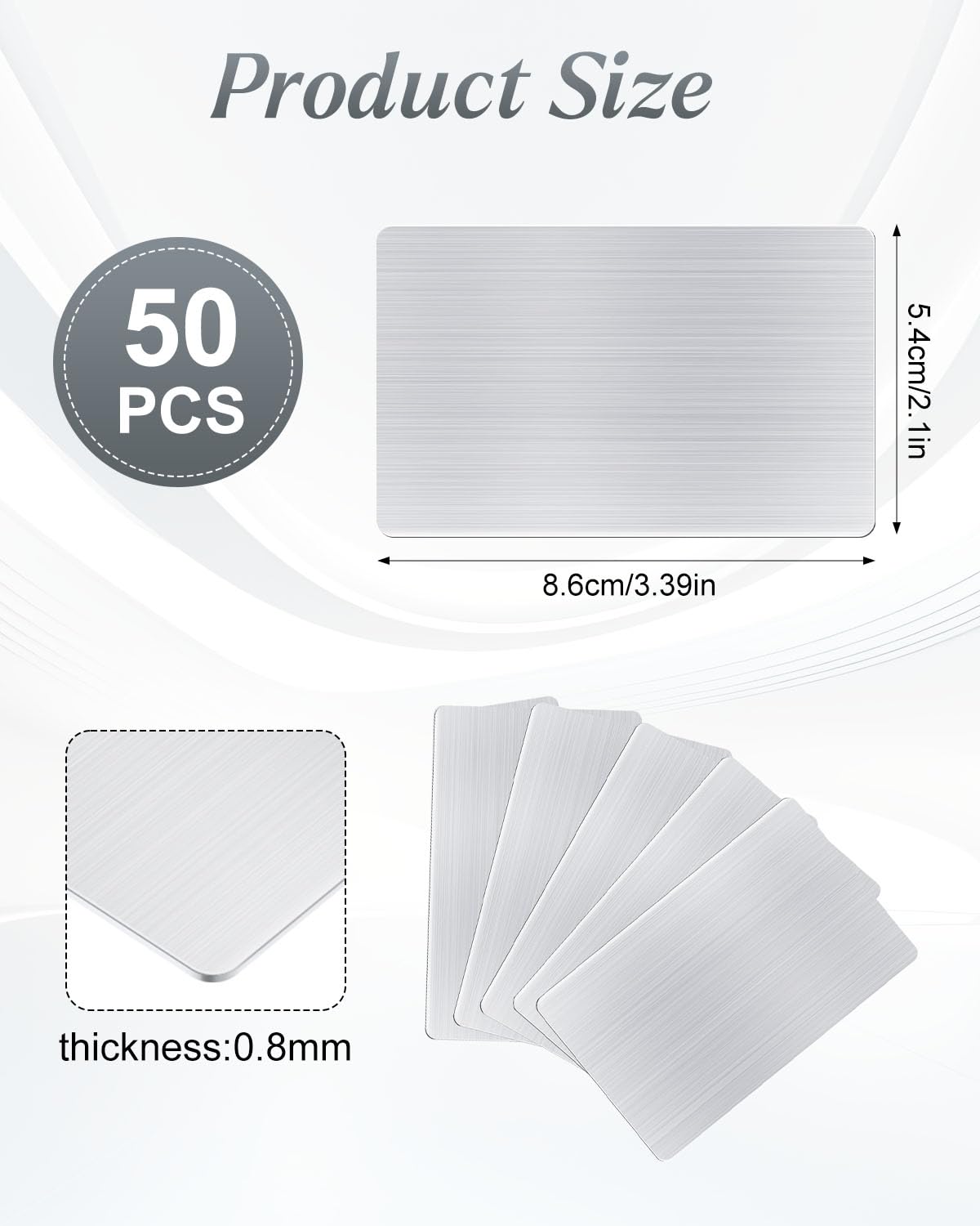AOKLIT 50 pcs 304 Stainless Steel Metal Business Cards Blanks, 3.4 x 2.1 Inch Thickness 0.8 mm Metal Card Laser Engraving Steel Plates for Business House Customer DIY Gift