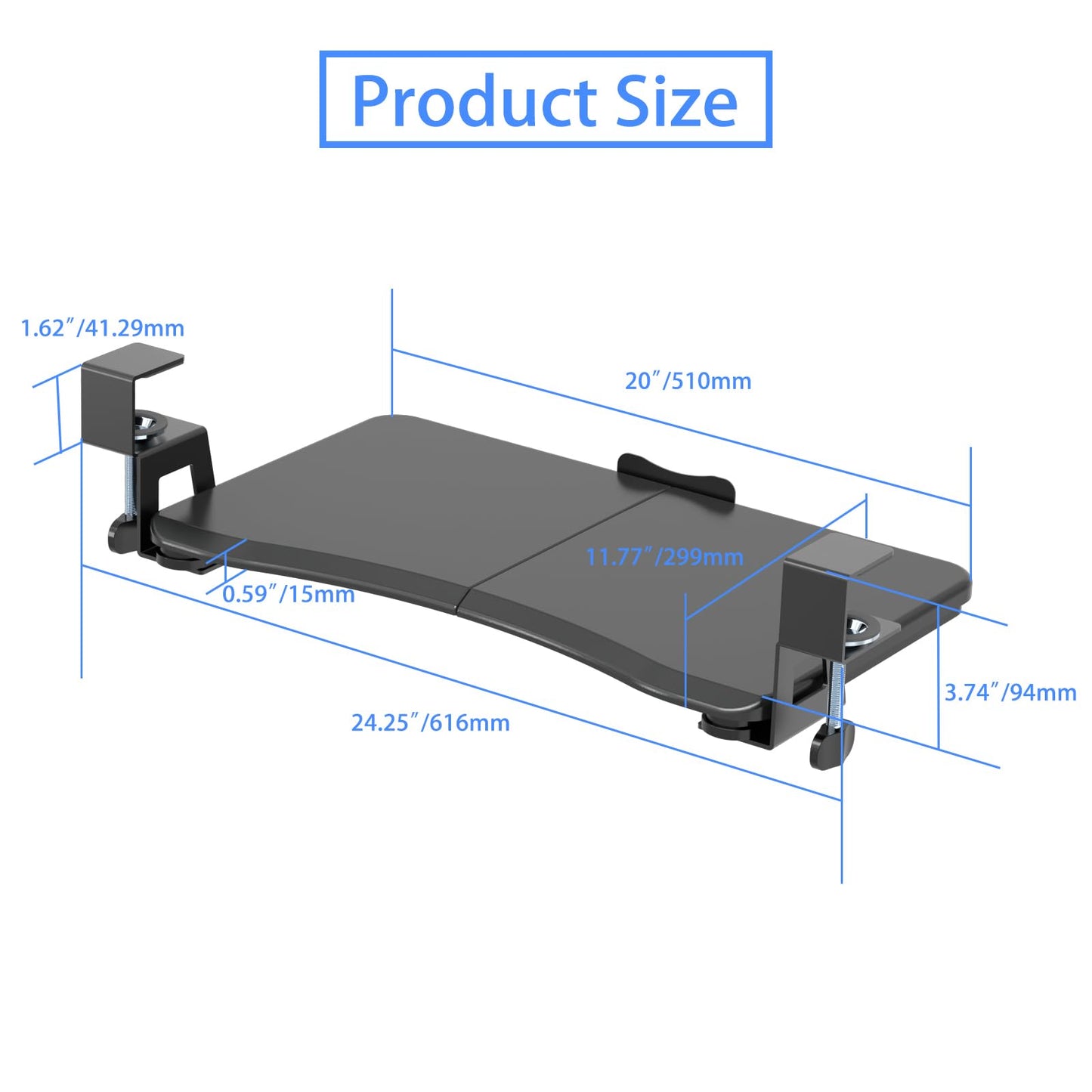 suptek Small Keyboard Tray Under Desk Pull Out with C Clamp Mount, Computer Keyboard & Mouse Tray, 20 (24.2 Including Clamps) x 11.8 inch Slide-Out Platform Computer Drawer for Typing, Black, DSF1S