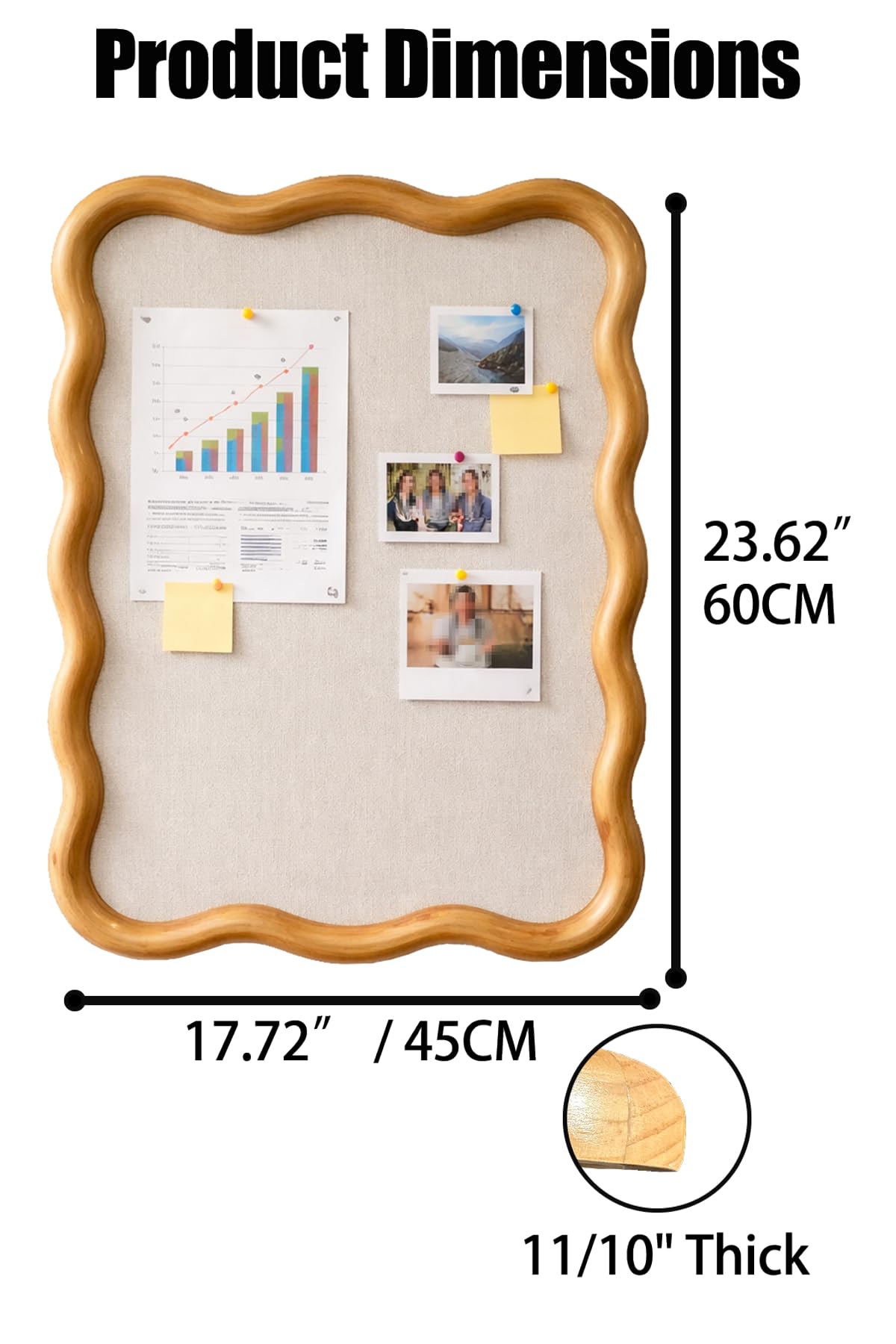 YINGXUN Wavy Linen Cork Memo Board, 17.7" x 23.6", Wood Frame, Decorative Pin Display Bulletin Boards for Walls, Home Office Kitchen (Natural)