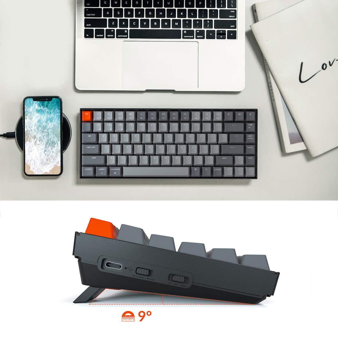 Keychron K2 75% Layout Bluetooth Wireless Mechanical Gaming Keyboard with Gateron G Pro Brown Switch/White LED Backlit/USB C/Anti Ghosting/N-Key Rollover, 84 Keys, for Mac Windows-Version 2