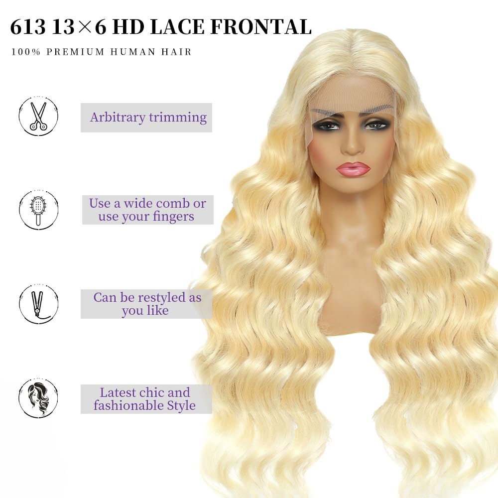 SEMANK 613 13x6 Lace Front Wig Human Hair 26 Inch Blonde Wig Human Hair 200% Density Body Wave Lace Front Wigs Human Hair Pre Plucked 613 Lace Front Wig Human Hair Blonde HD Lace Frontal Wig