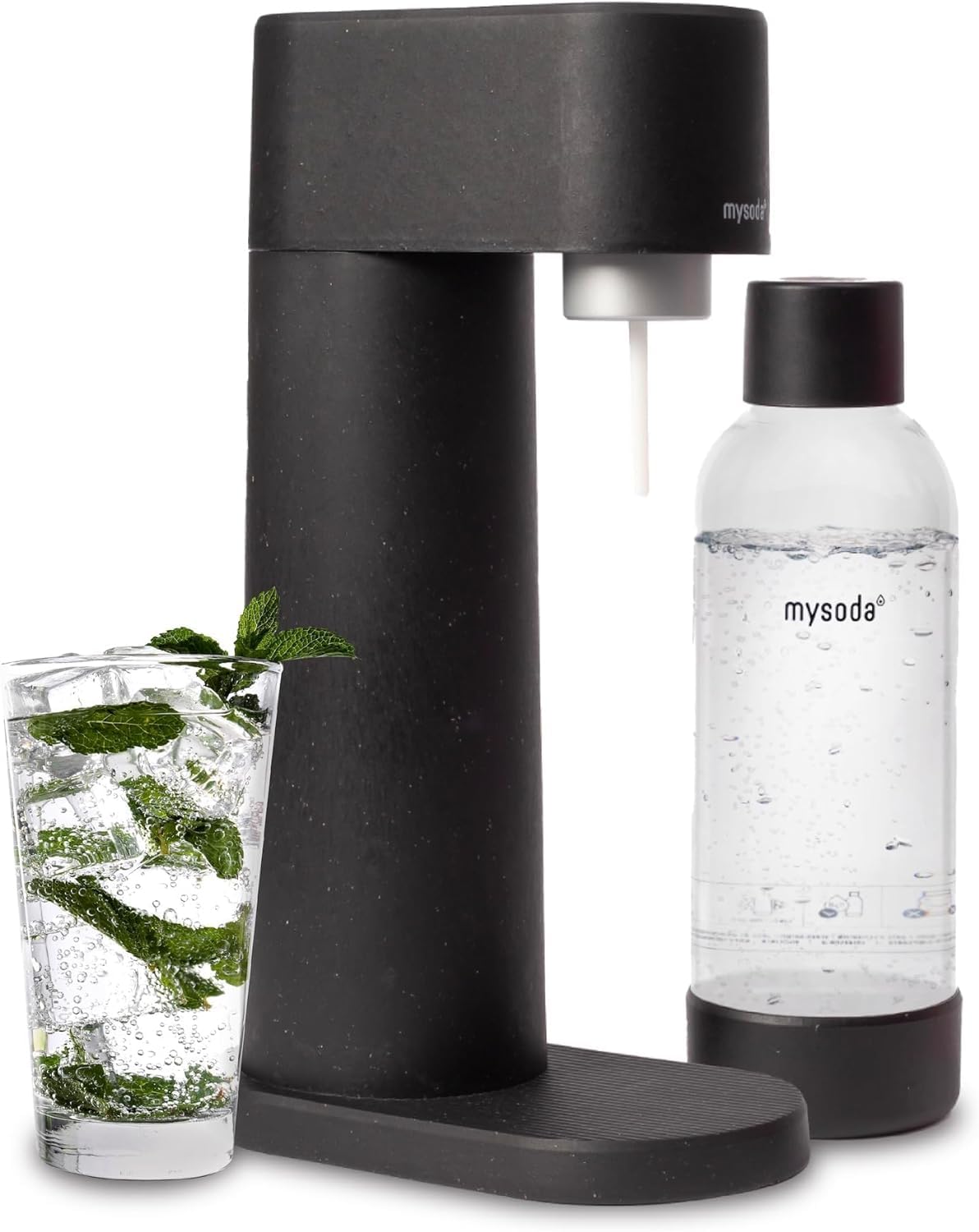 Mysoda Woody Sparkling Water Maker - Soda Streaming Machine Silent Carbonated Water Machine Robust Long-Lasting Aluminium Soda Maker 1L Water Bottle Without CO2 Cylinder - Black Soda Machine
