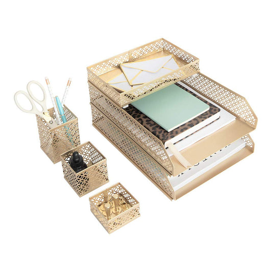 BLU MONACO | Gold Desk Organizer Set for Women 6 Piece | Mail Sorter Organizer Countertop with Letter Sorter for Desk | Steel Desktop Organizer with Mesh Pen Holders