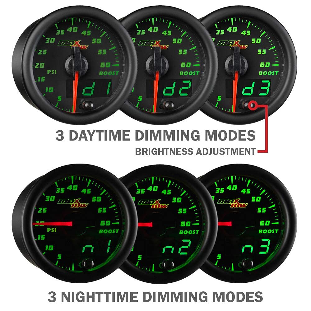 MaxTow Double Vision 260 F Transmission Temperature Gauge Kit - Includes Electronic Sensor - Black Gauge Face - Green LED Illuminated Dial - Analog & Digital Readouts - for Trucks - 2-1/16" 52mm