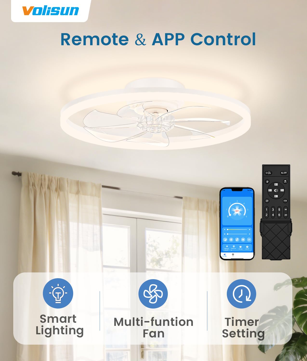 VOLISUN Low Profile Ceiling Fans with Light and Remote, No Assembly, 20in Fandelier Ceiling Fan with Lights, 3000K-6500K Dimmable Flush Mount LED Fan Light, White Bladeless Ceiling Fans for Bedroom