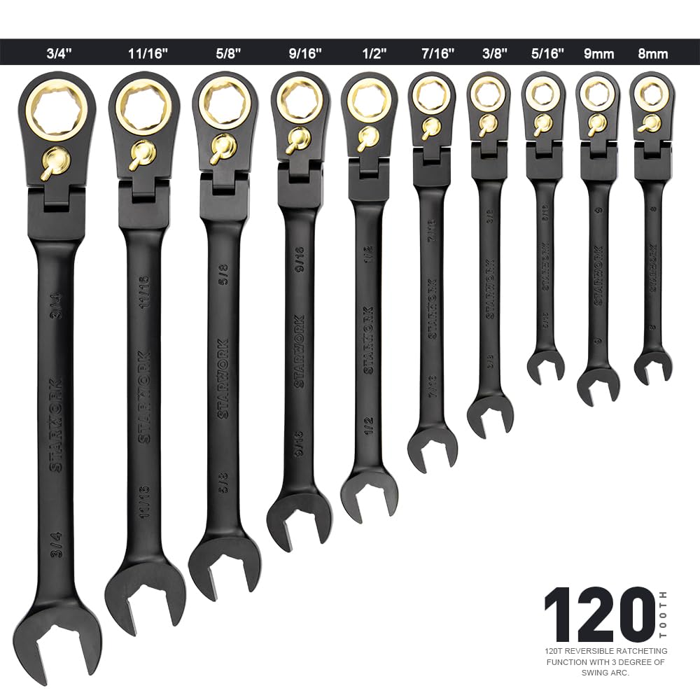 STARWORK TRUE MECHANIC™ 20-Piece, 120T, Reversible, Flexible Ratcheting Wrench Set, Non-Slip, Long Pattern, SAE/Metric, Professional, With Portable Roll-Up Pouch Bag