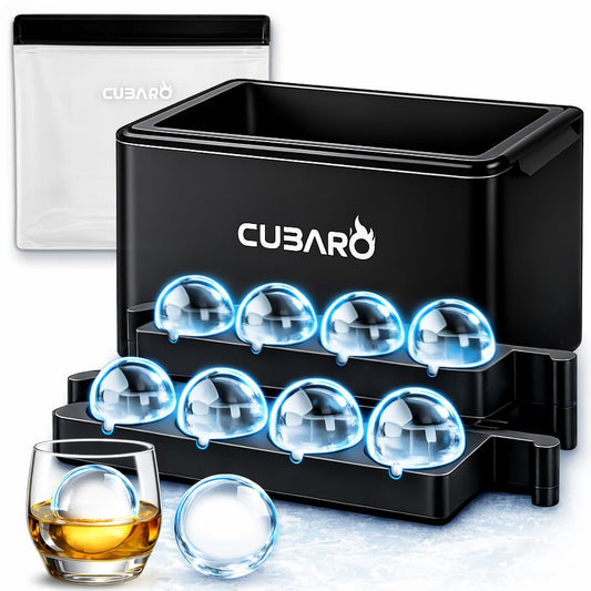 Clear Ice Ball Maker with Bonus Freezer Bag | 8 Large 2" Crystal Clear Ice Spheres | Premium Hard Shell Directional Freezing Mold | Slow‑Melt Ice Balls by CUBARO