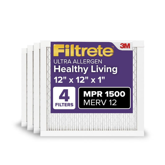 Filtrete 12x12x1 AC Furnace Air Filter, MERV 12, MPR 1500, CERTIFIED asthma & allergy friendly, 3 Month Pleated 1-Inch Electrostatic Air Cleaning Filter, 4-Pack (Actual Size 11.81x11.81x0.78 in)