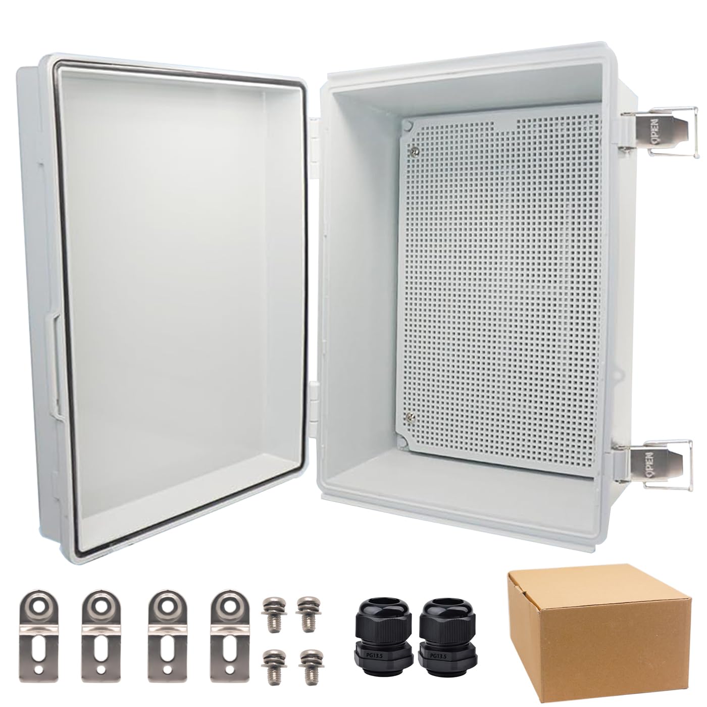 YETLEBOX Waterproof Electrical Box,IP67 Junction Box Hinged Grey Cover ABS Project Boxes for Electronics DIY Enclosure with Mounting Plate Wall Bracket and 2 Cable Glands 13.8" x 9.8" x 5.9"