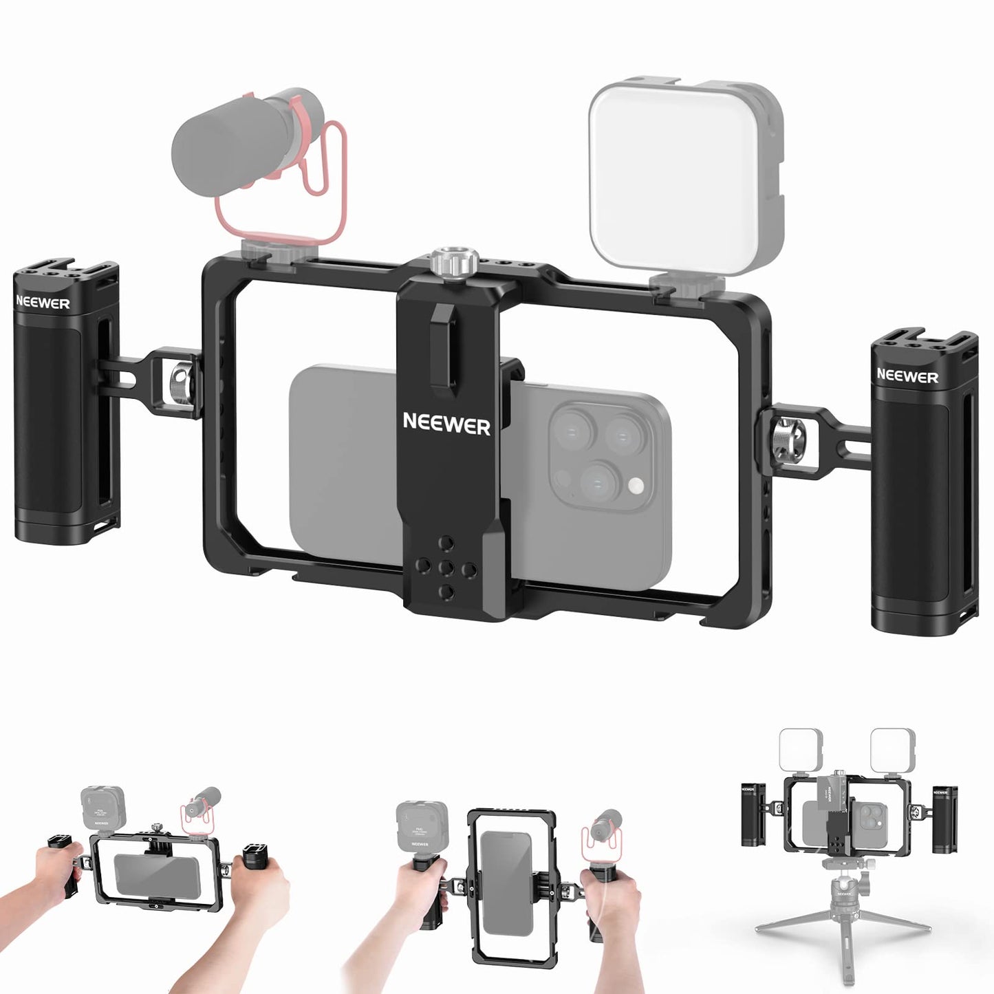 NEEWER Upgraded Phone Rig Vlogging Kit, Video Stabilizer with Dual Handle, Wireless Mic Clip Slot for TikTok YouTube, Compatible with SmallRig iPhone 17 Pro Max 16 16e 15 Galaxy S25 Ultra, PA009