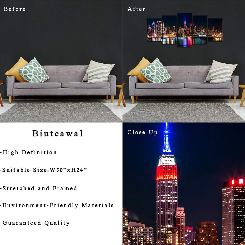 Biuteawal - New York City Canvas Wall Art Manhattan Skyline at Night Picture Prints Modern Home Office Wall Decoration Stretched Ready to Hang