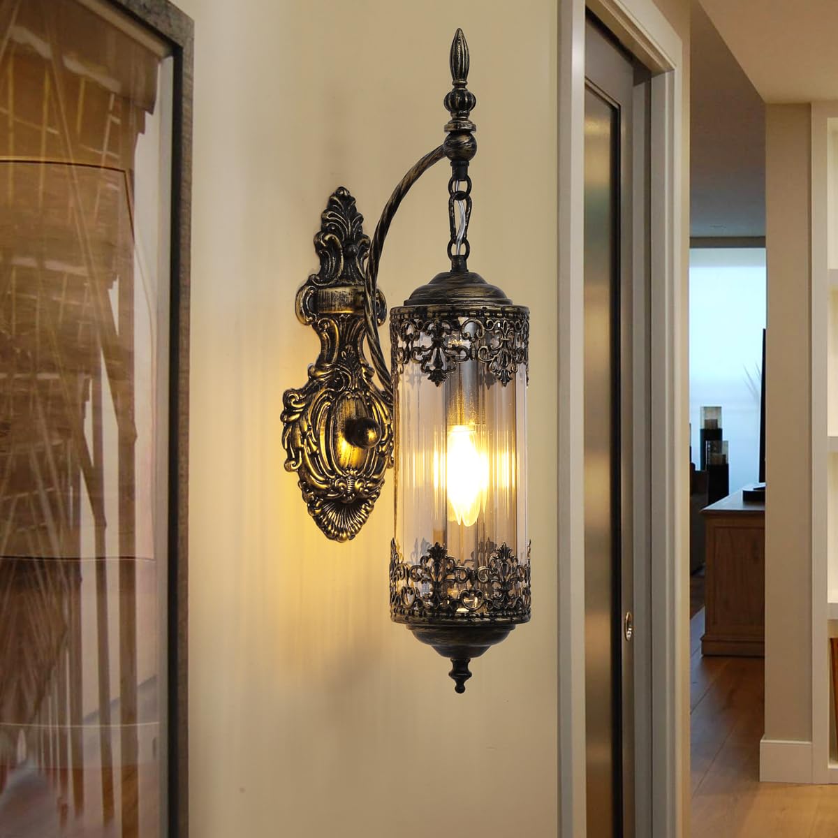 RONGHUAFUGUI Rustic Wall Sconce with Amber Glass Mini Vintage Antique Gothic Wall Light Fixture Retro Farmhouse Mid Centry Lantern Wall Sconce for Bedroom, Hallway, Mirror, Bursh Gold, E12