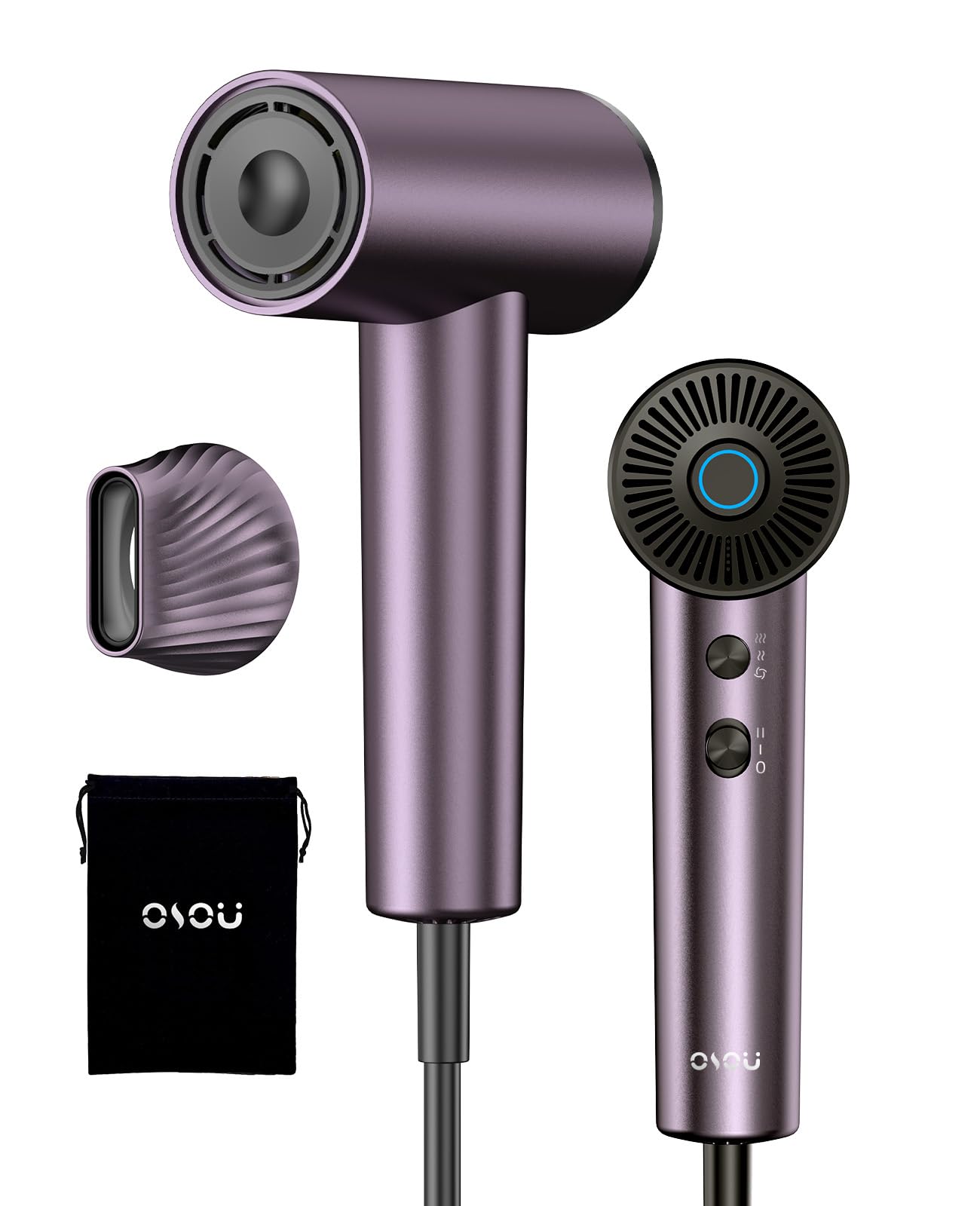 OSOU Ionic Hair Dryer, High-Speed Blow Dryer - 150,000 RPM Brushless Motor, 500 Million Negative Ions, Ultra-Light & Small, Smart Temp Control, Quiet Hairdryer for Women, Ideal for Travel, Home-Purple