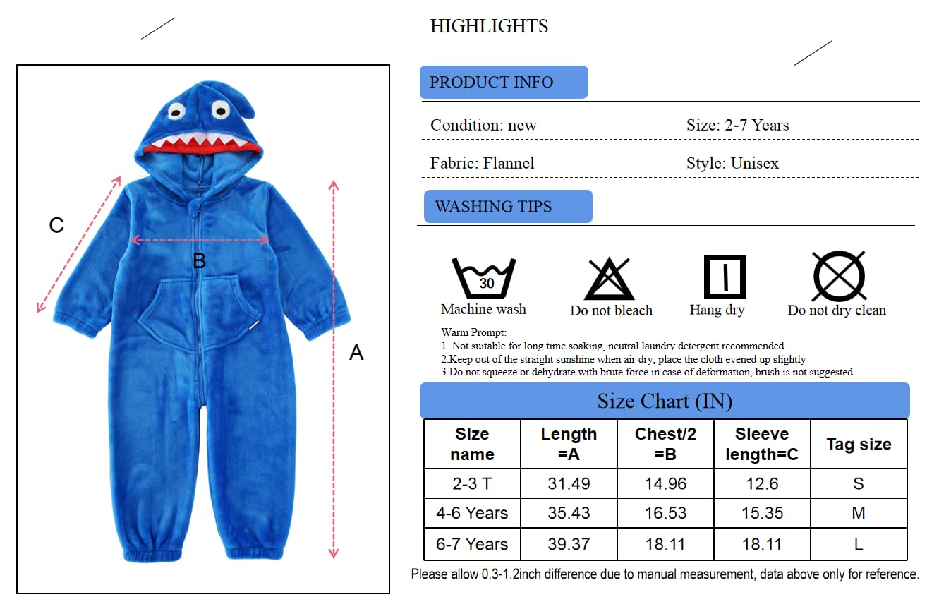 LOLANTA Boys' Girls' Halloween Shark Costume Soft Animal One-piece Jumpsuit for Kids Holiday Birthday Gift (Blue, 4-6 Years)