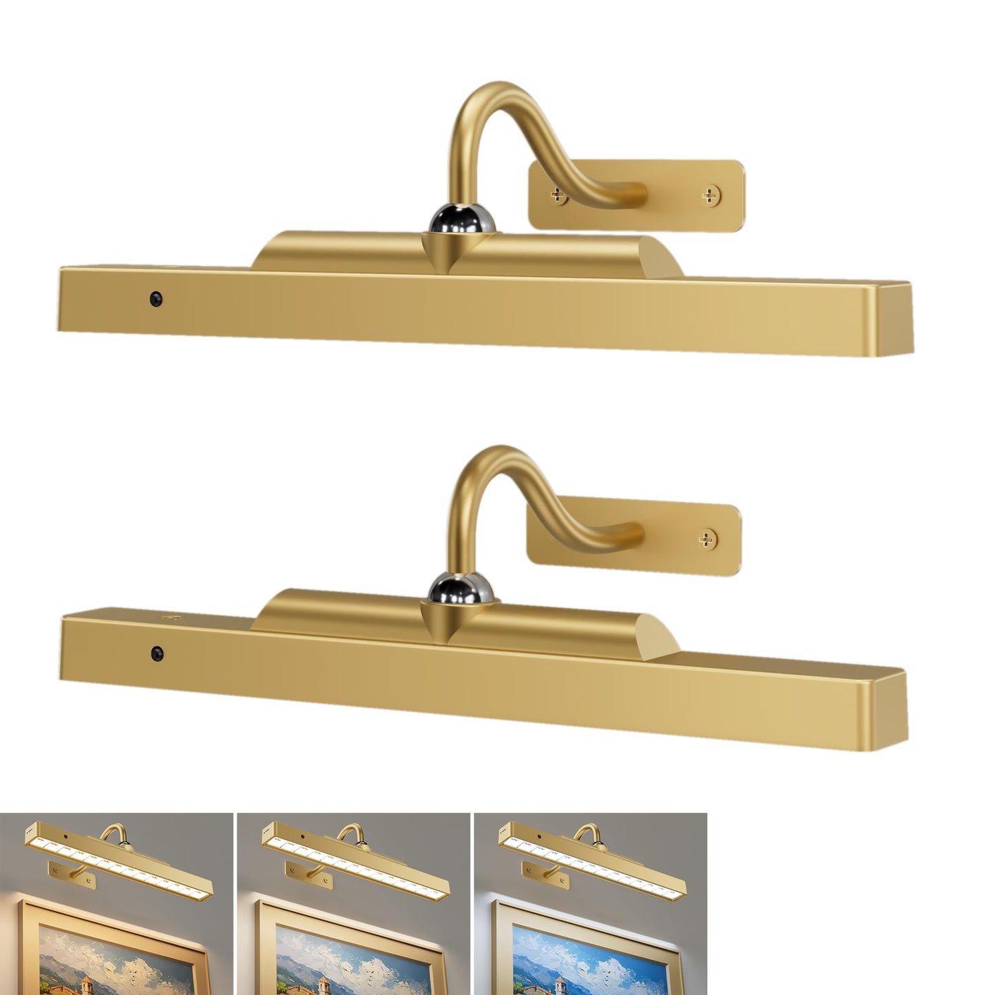 Craftersmark Wireless Picture Lights 12'', 2 Pack 4400mAh Battery Poerered Cordless Wall Lights, 350LM Dimmable Remote Timer for Painting Artwork Living Room (Antique Gold)