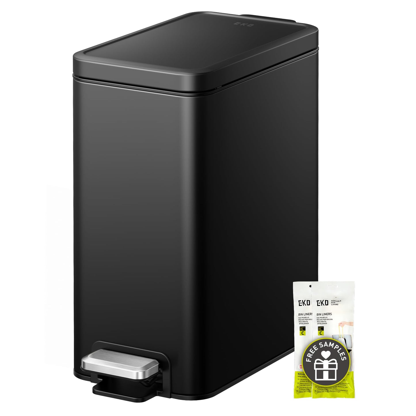 EKO Small Bathroom Trash Can with Lid Soft Close, Step Pedal, 10 Liter / 2.6 Gallon Stainless Steel Garbage Can with Removable Inner Bucket, Anti-Fingerprint Finish (Matte Black)