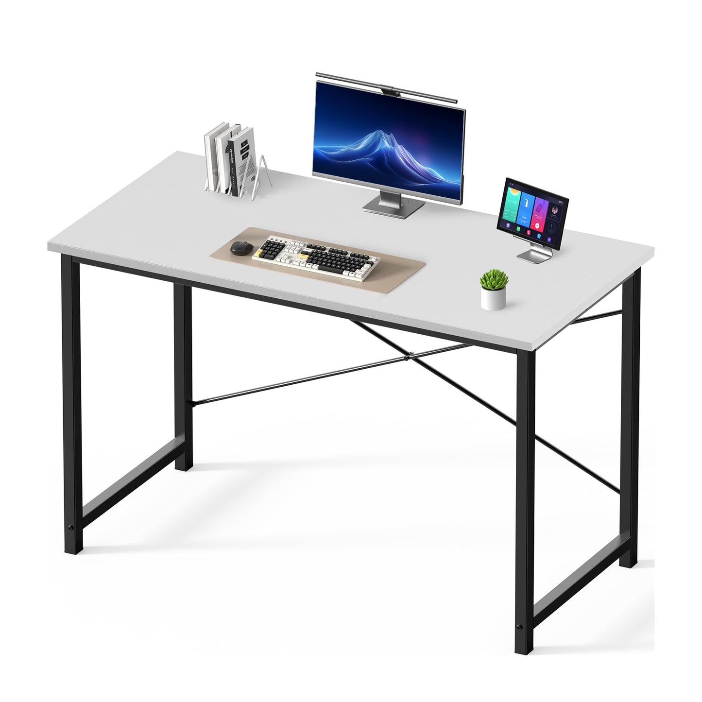 DUMOS 47 Inch Computer Desk for Home Office, Modern Study Work Table Simple Modern Style for Bedroom Small Space, Writing Desks with X-Shaped Reinforcement, Wood White