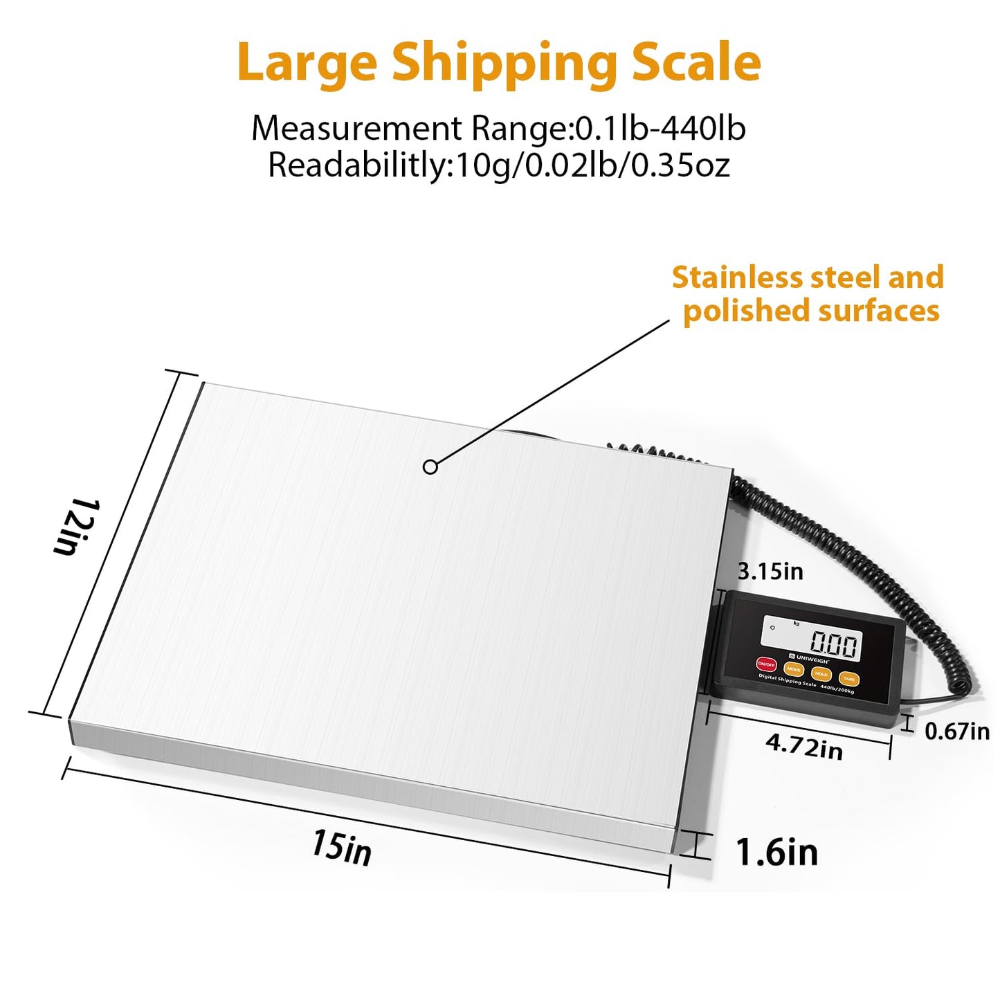 UNIWEIGH Digital Postal Scale,440lb x 10g Accuracy Shipping Scale,Stainless Steel Platforms,Heavy Duty Scale with LCD/Hold/Tare Functions,Postage Scale for Packages,Luggage Scale,Battery&USB Included
