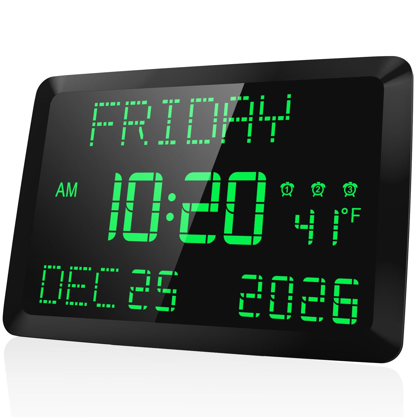Raynic Day Clock, 11.5" Large Display Calendar Clock with Day and Date, Indoor Temperature, Adjustable Brightness, Snooze,12/24H, DST for Home, Office, Elderly