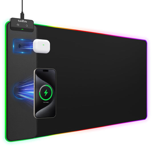 Wireless Charging Mouse Pad 15W, RGB Gaming Mouse Pad with Wireless Charger for iPhone/Airpods, 31.5"x15.7" XXL Large Desk Mat, 13 Light Modes, Magnetic Charging, Waterproof, Desk Pad for Gamer, Black