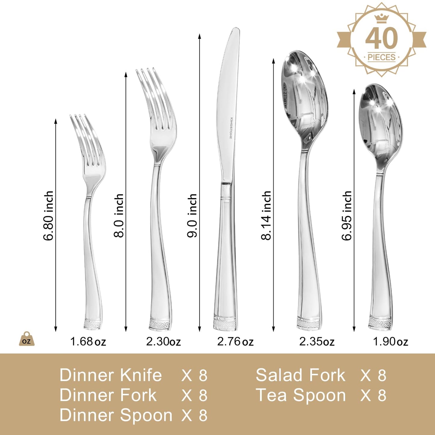 KINGSTONE Silverware Set, 40-Piece Flatware Set for 8, 18/10 Stainless Steel Cutlery Set with Bead Edge, Utensil for Kitchen, Home, Party, Wedding, Mirror Polished, Dishwasher Safe, Featured Gifts