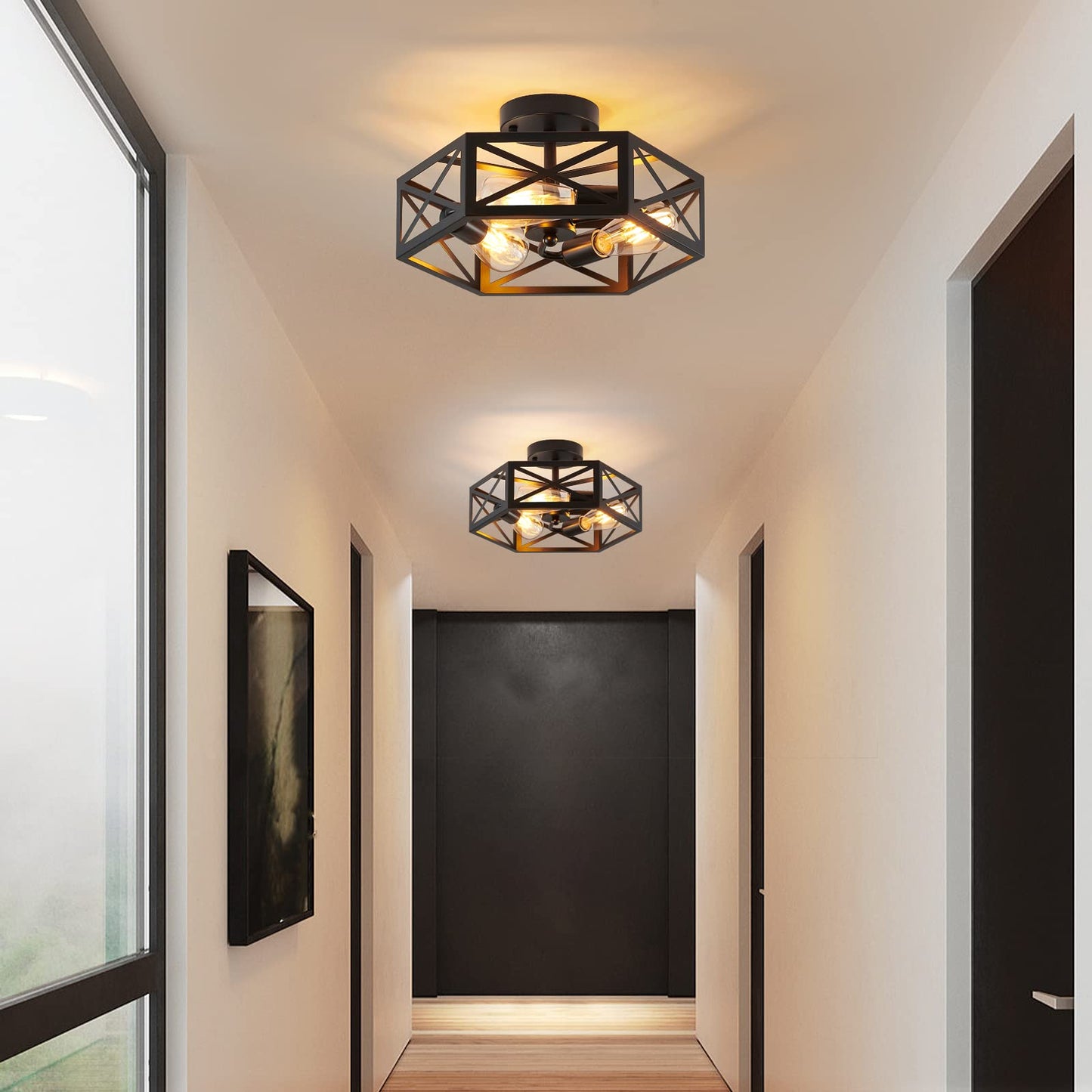 XSDeTu Semi Flush Mount Ceiling Light Fixture, Modern Farmhouse 3-Light Black Ceiling Light, Industrial Close to Ceiling Light with Metal Hexagon Cage Ceiling Lamp for Kitchen, Hallway, Bathroom