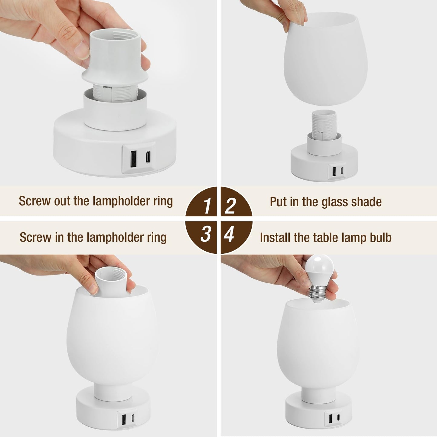 Seealle Touch Table Lamp for Nightstand Set of 2 - Bedside Lamp with USB C+A Charging Ports for Bedroom Living Room Night Stands, Desk Lamp with White Glass Shade for Small Spaces, 3 Way Dimmable