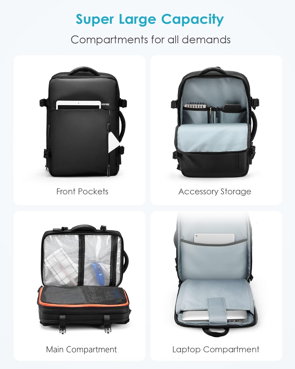 HOMIEE 40L Expandable Carry on Backpack Fit 15.6 Inch Laptop with USB Charging Port for Business Weekender, TSA Approved Personal Item Travel Backpack Waterproof Luggage Suitcase