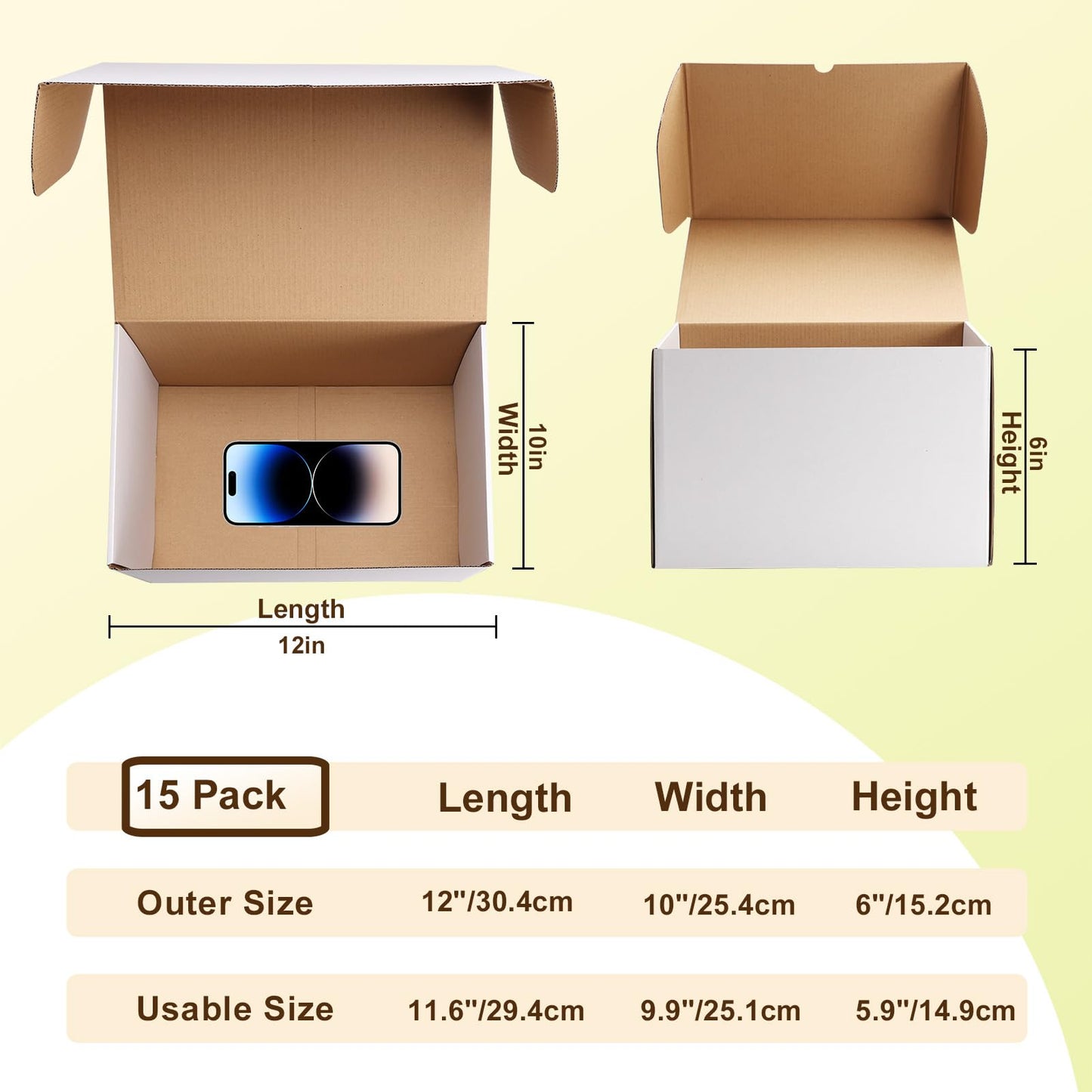 WIFTREY 12x10x6 Shipping Boxes set of 15, 12 x 10 x 6 White Corrugated Cardboard Boxes for Packaging Small Business, Moving, Mailing