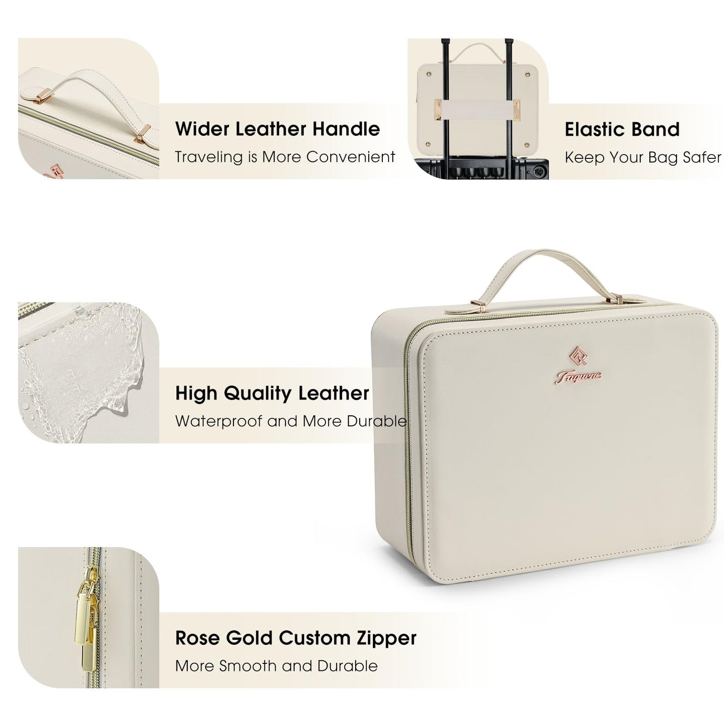 Faquenc Leather Makeup Case with LED Lighted Mirror 11.4 Inch Travel Makeup Bag Adjustable Brightness in 3 Colors Cosmetic Organizer Artist Storage Bag with Dividers Brush Holder Bag Present Box White