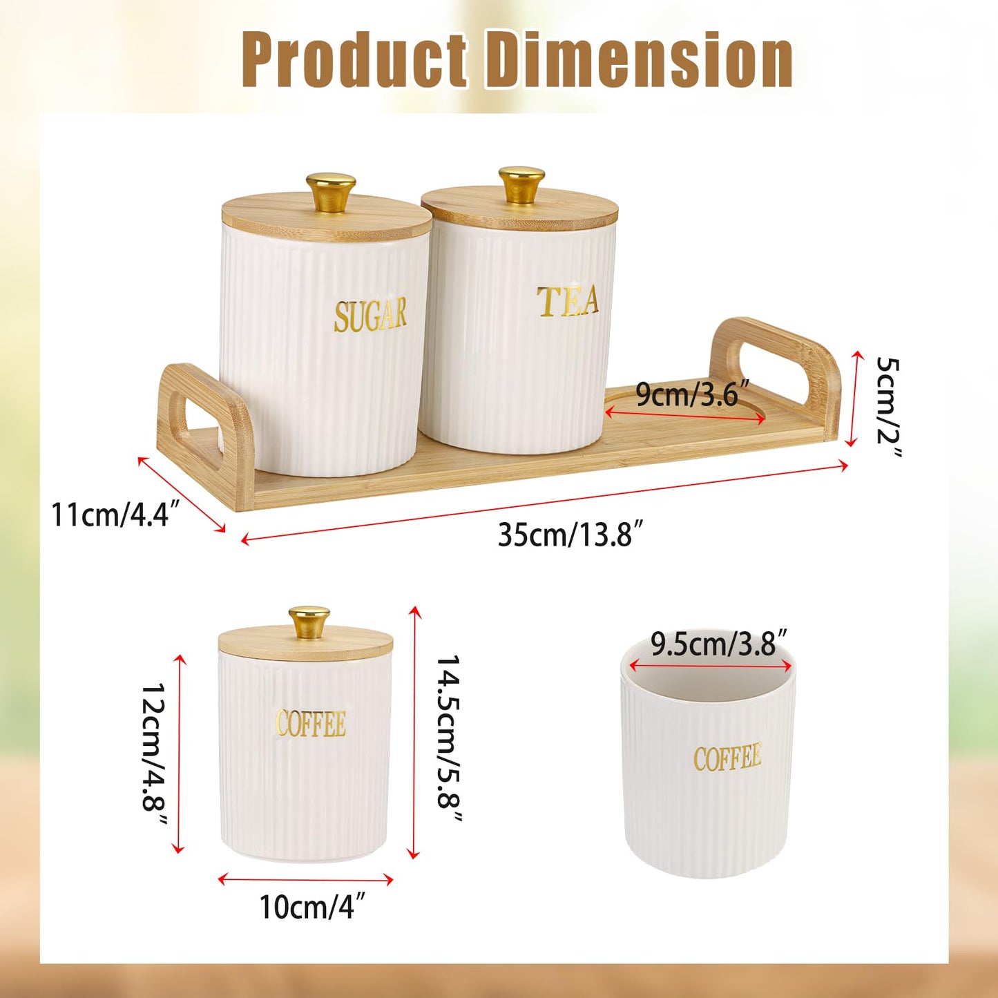 OGANAZI 3 Pack Ceramic Canister Set with Bamboo Lids and Handle Tray, Coffee Tea Sugar Container Set, White Ceramic Storage Jar Kitchen Canister for Countertop, White-Style 2