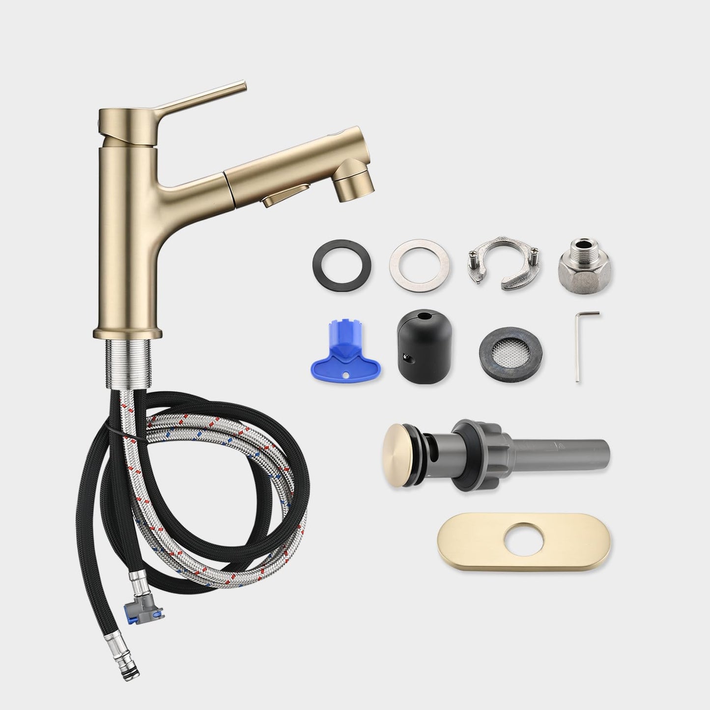Besfelos Bathroom Sink Faucet with Pull Out Sprayer, Single Handle Modern Bathroom Basin Faucet with Pop-up Sink Drain Stopper & Deck Plate 1 or 4-inch Centerset 3 Hole, Gold