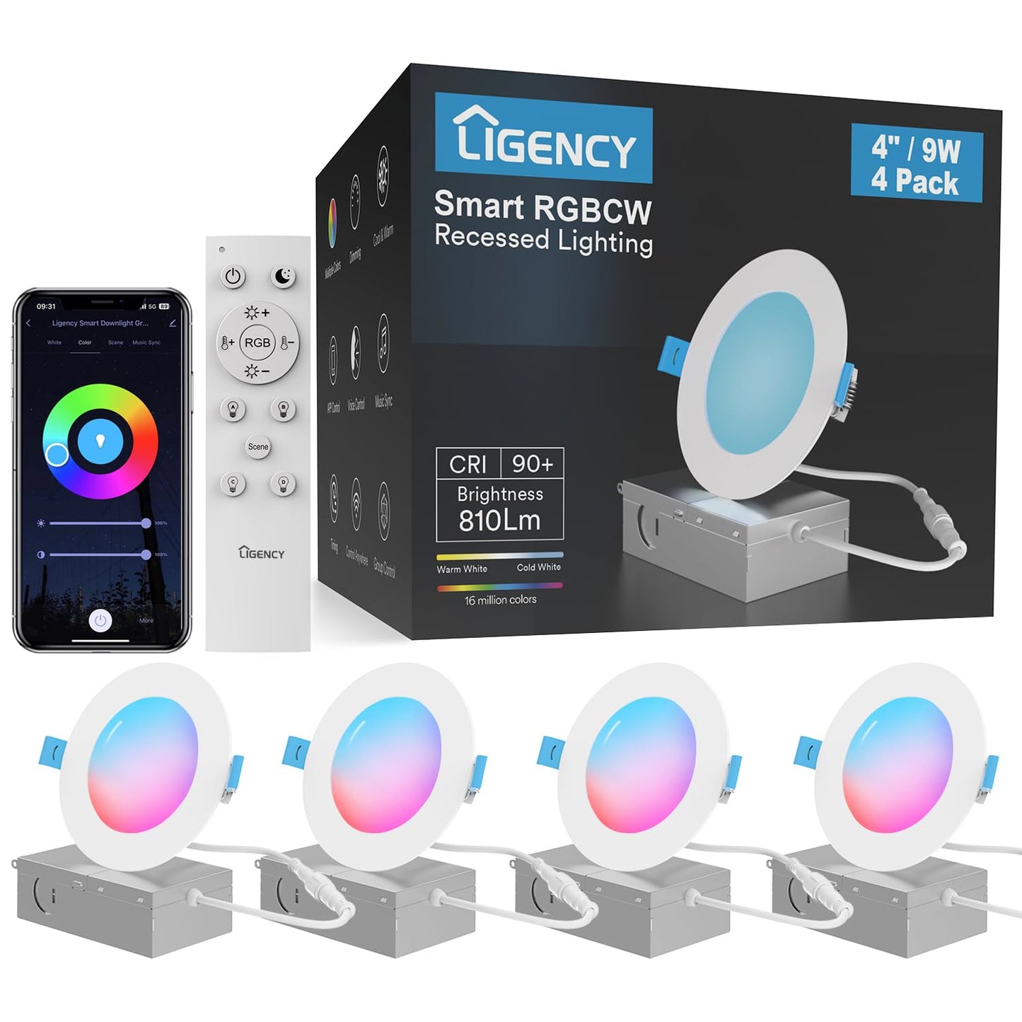 Smart Recessed Lighting 4 inch, 4 Pack Ultra Thin Canless Ceiling Light, RGBCW Color Changing Dimmable Retrofit LED Downlight