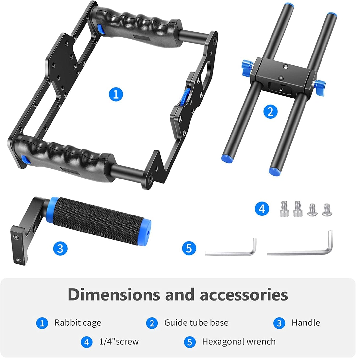 NEEWER Camera Video Cage Film Movie Making Kit, Aluminum Alloy with Top Handle, Dual Hand Grip, Two 15mm Rods, Compatible with Canon Sony Fujifilm Nikon DSLR Camera and Camcorder (Black + Blue)