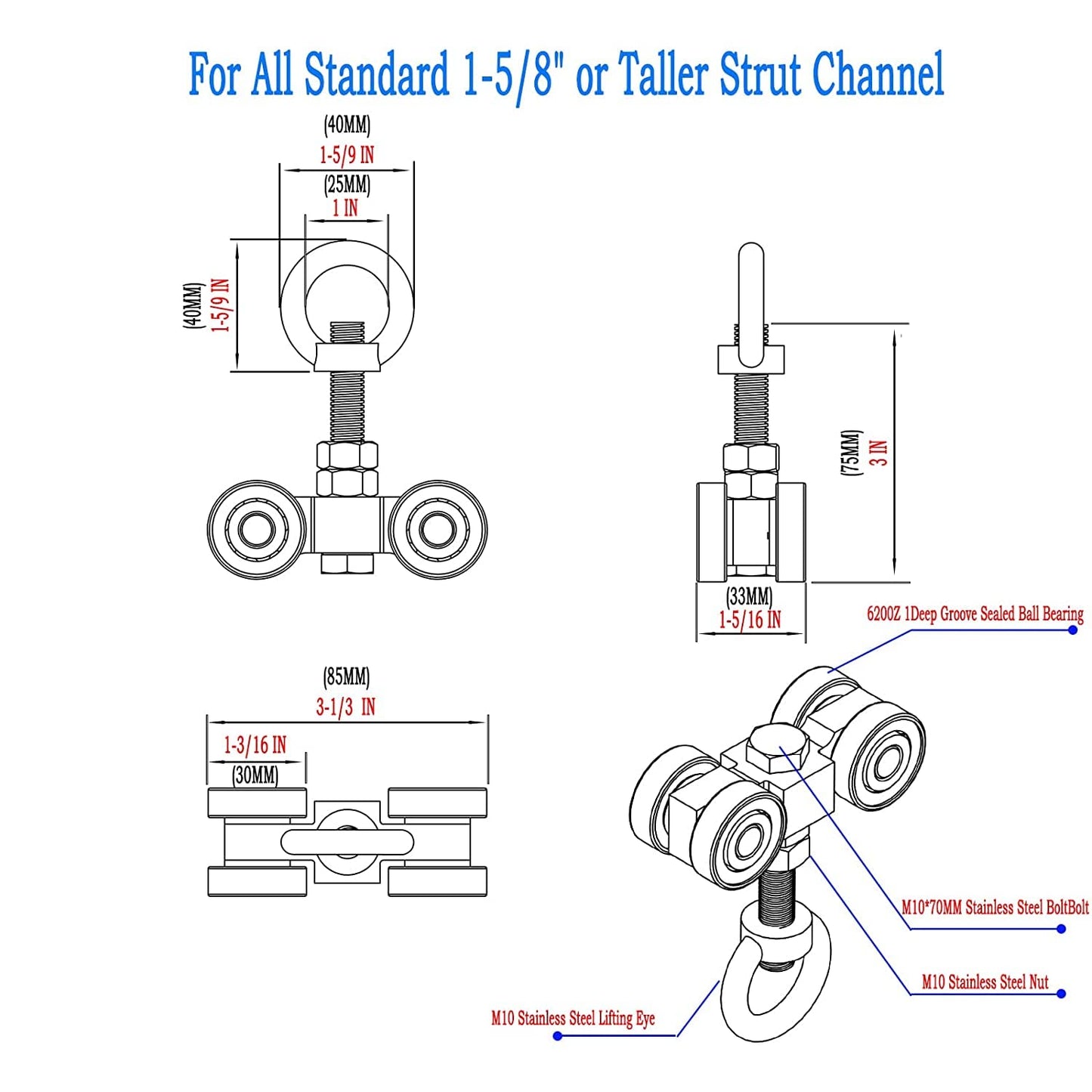 SKTREX 4 Wheel Silent Trolley Assembly Rollers Four Bearing Trolley Assembly for 1-5/8" Wide and All 1-5/8" or Taller unistrut Strut Channel with M10 Bolt and Lifting Eye Nuts